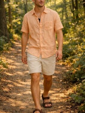 Natural Blue Apricot  Short-Sleeve Button-Down Linen Shirt